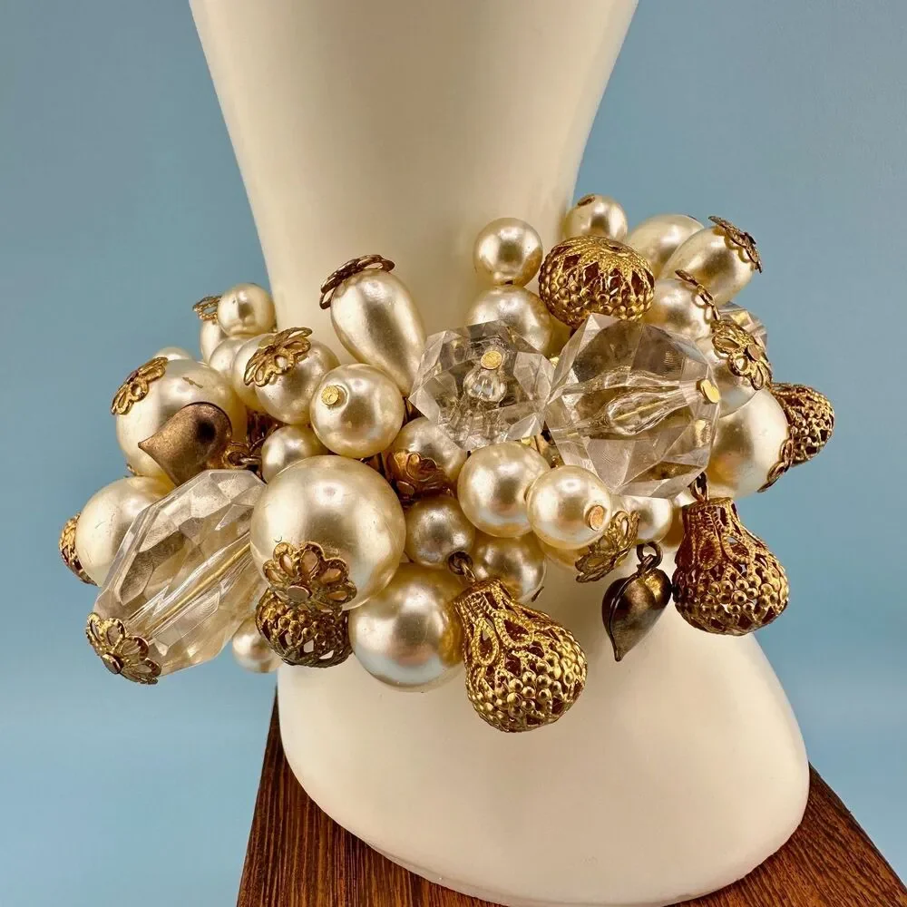 Vintage Cha Cha Bracelet Faux Pearl Filigree Ball Lucite Crystal Heart Expansion